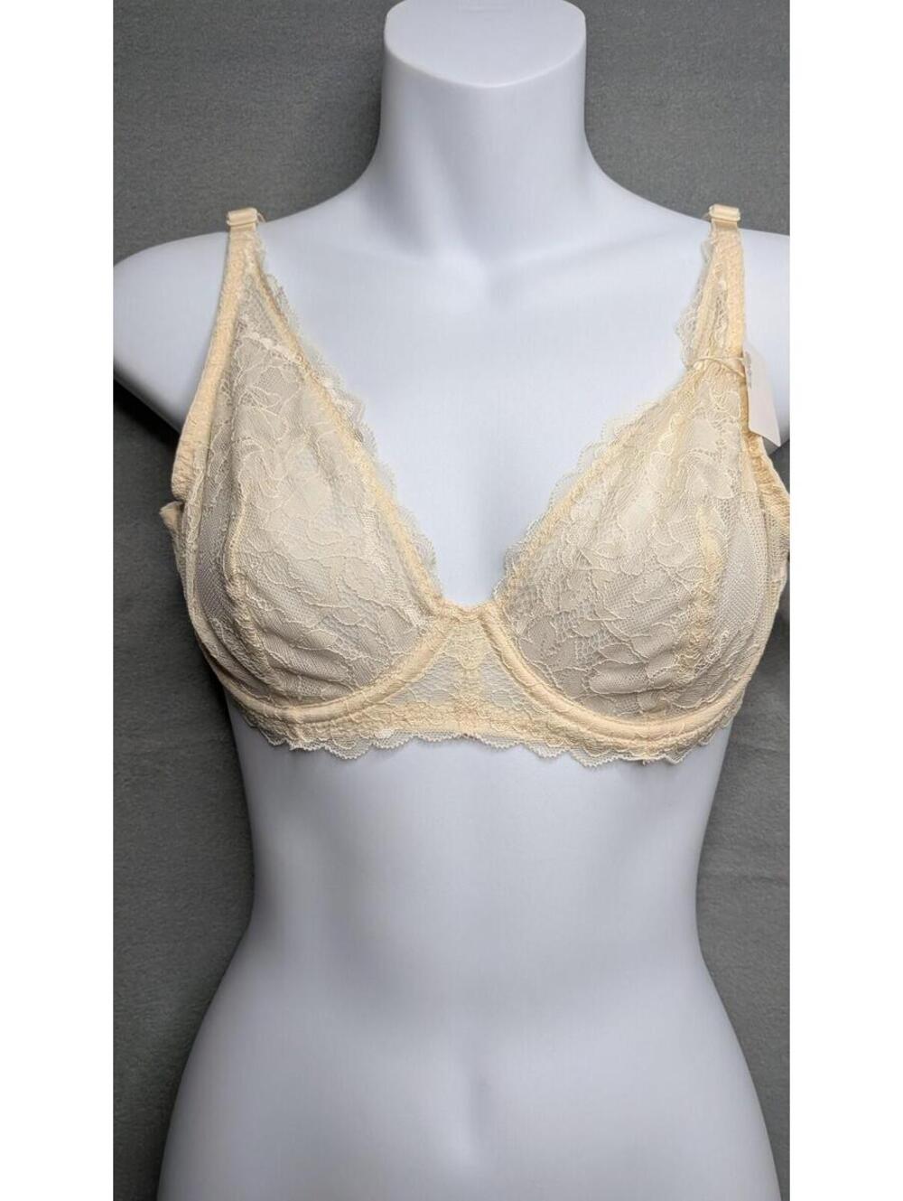 Wingslove Bralette Bra Womens 32C Beige Lace Sheer Underwire Unpadded Stretch